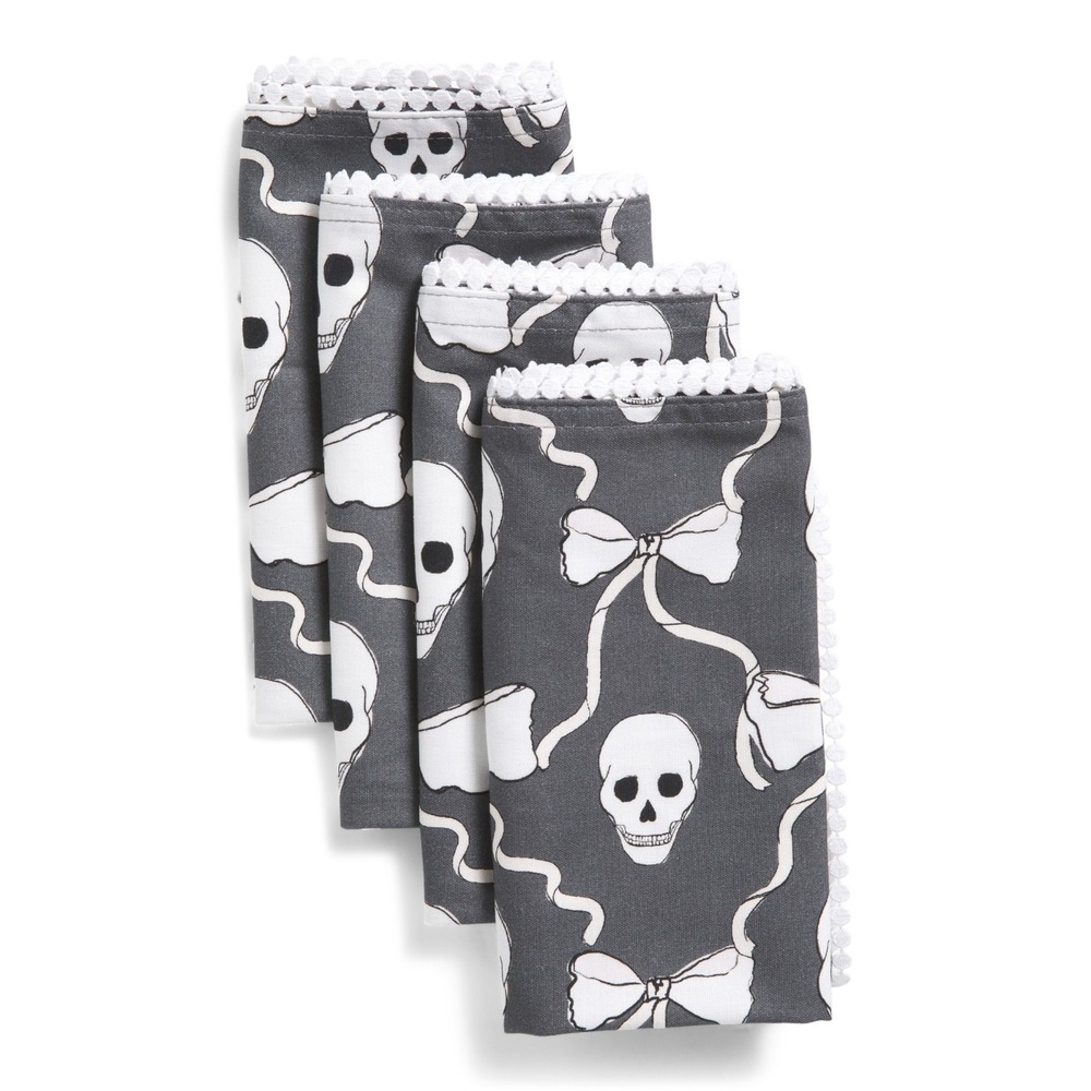 Cupcakes and Cashmere 4pk Skull Bow Printed Cotton Halloween Napkins 18in Gray